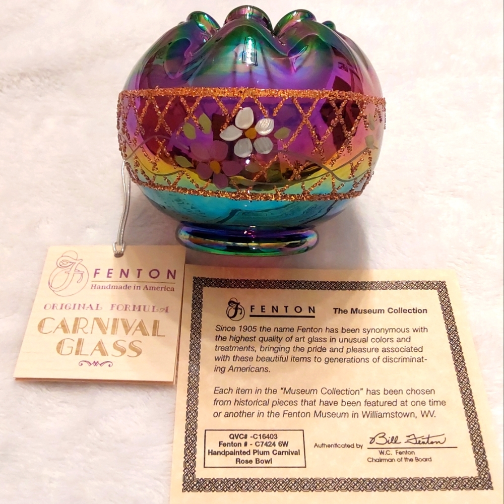 Fenton glass bowl Plum Purple on Carnival Glass